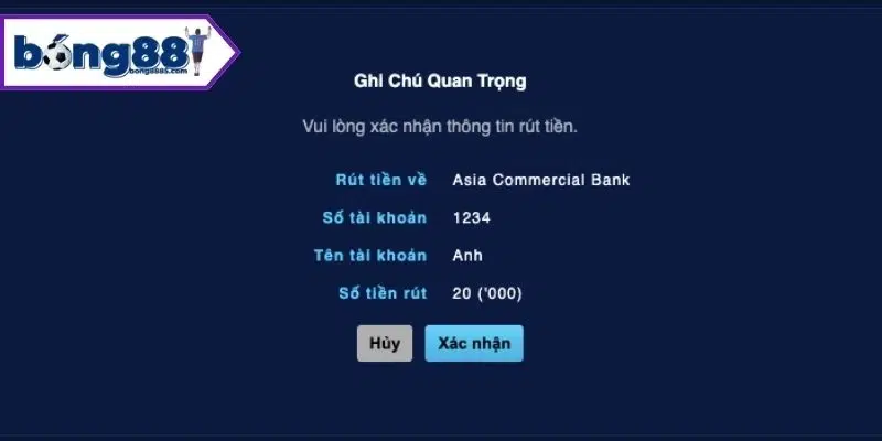 Hoá đơn rút tiền Bong88